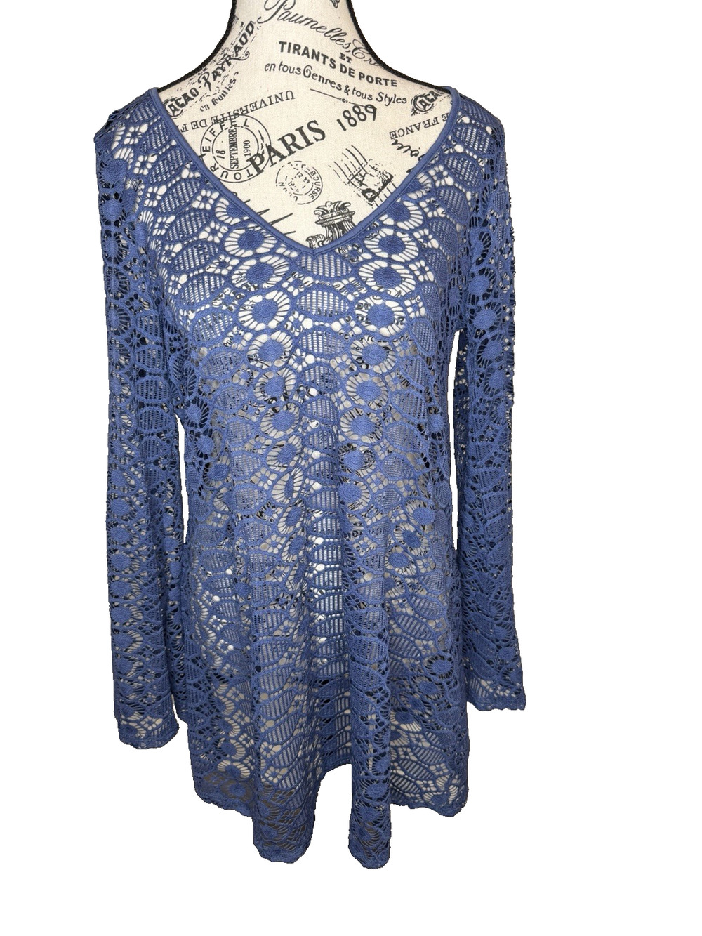Green Envelope Crochet Lace Cover-Up Tunic Medium Blue Tie Back